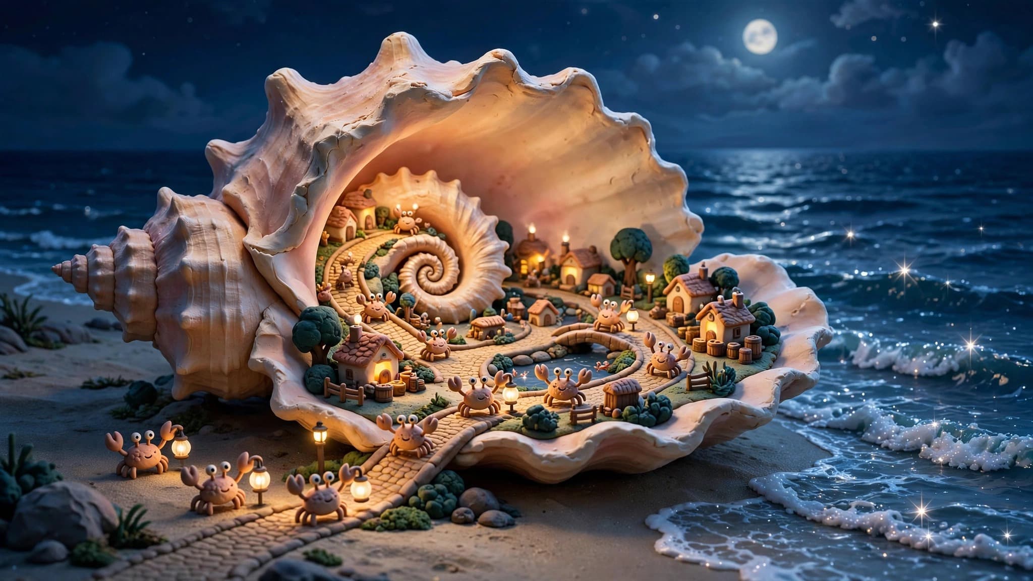 Clay Seashell Village with Crab Lantern Carriers — Free 3D Image — free ai image preview