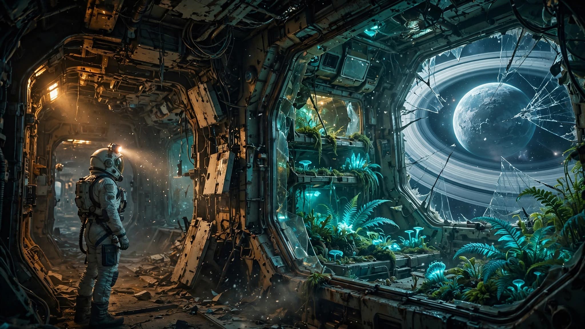 Salvager Discovering a Glowing Seed Vault Aboard a Derelict Generation Ship — free ai image preview
