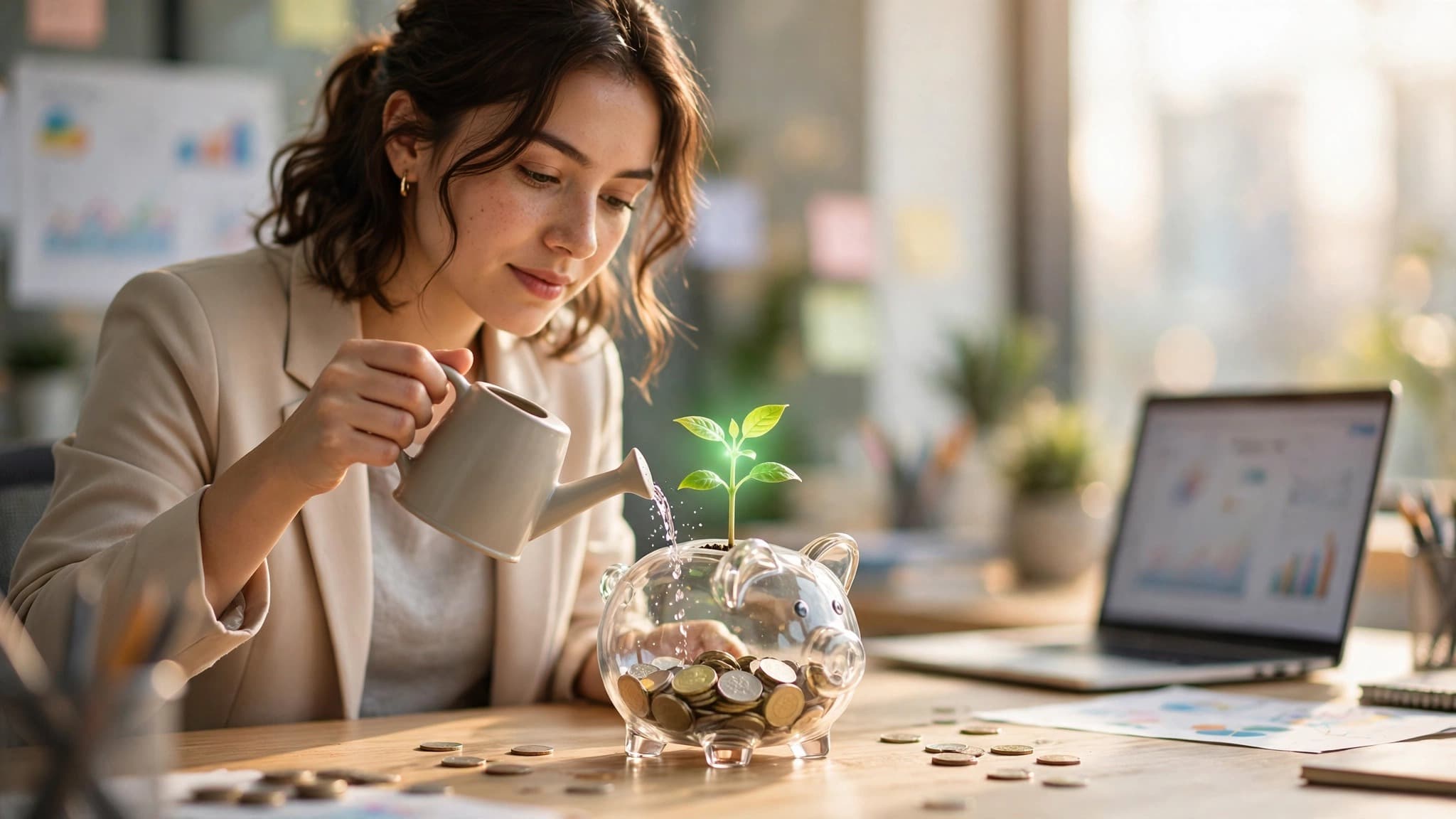 Founder Watering a Seedling Growing from a Glass Piggy Bank — free ai image preview