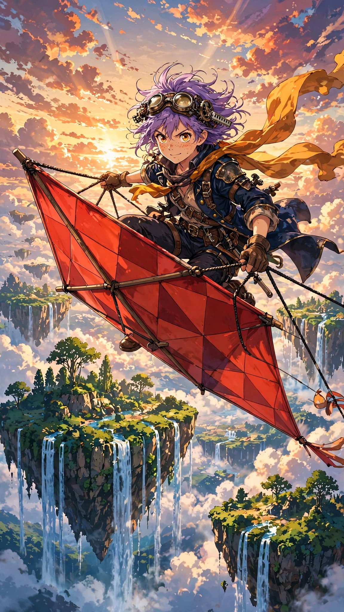 Sky-Pirate Girl Riding a Giant Kite — Original Anime Phone Wallpaper