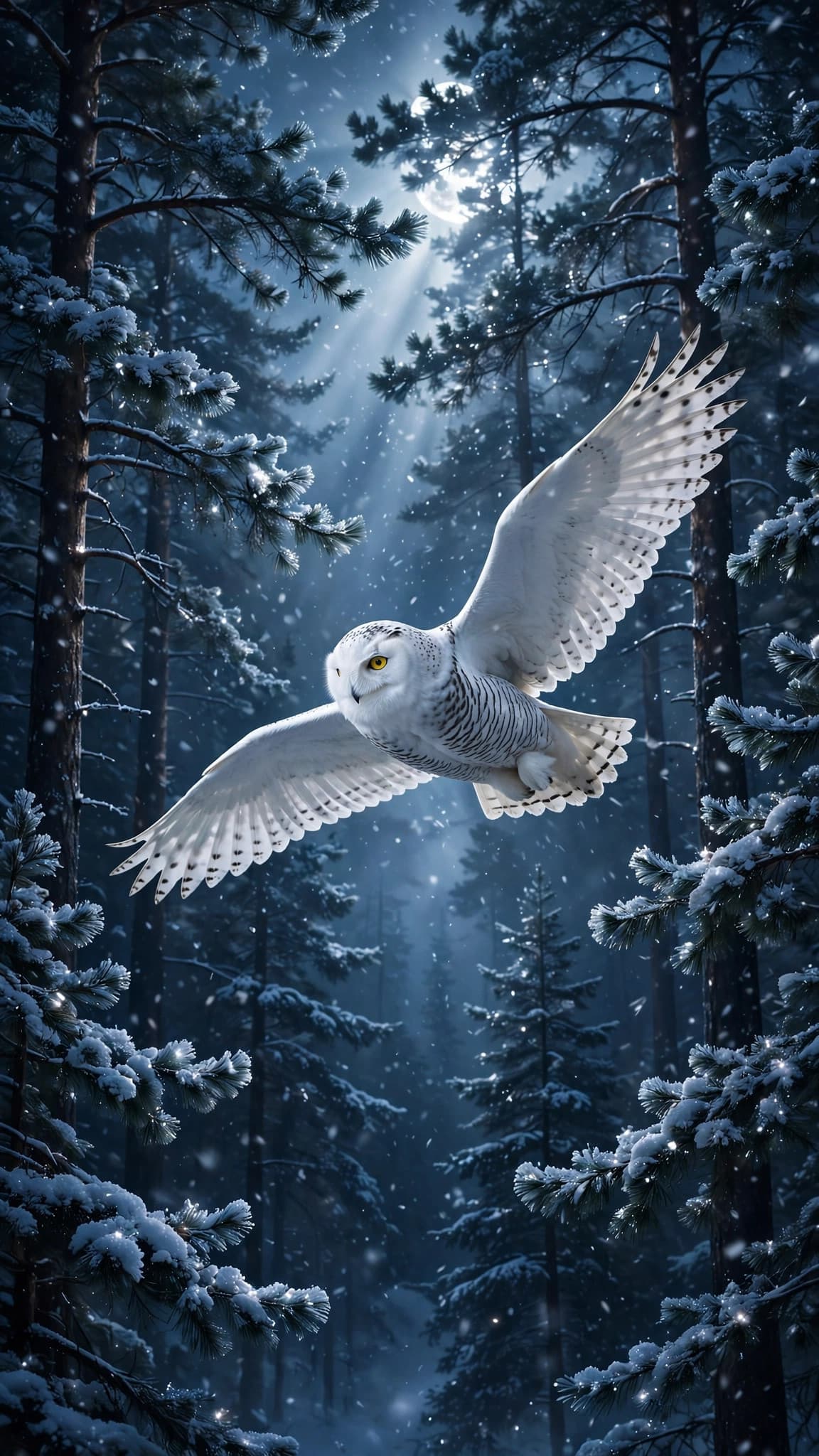 Snowy Owl Gliding Through a Moonlit Forest — Nature Phone Wallpaper — free wallpaper preview