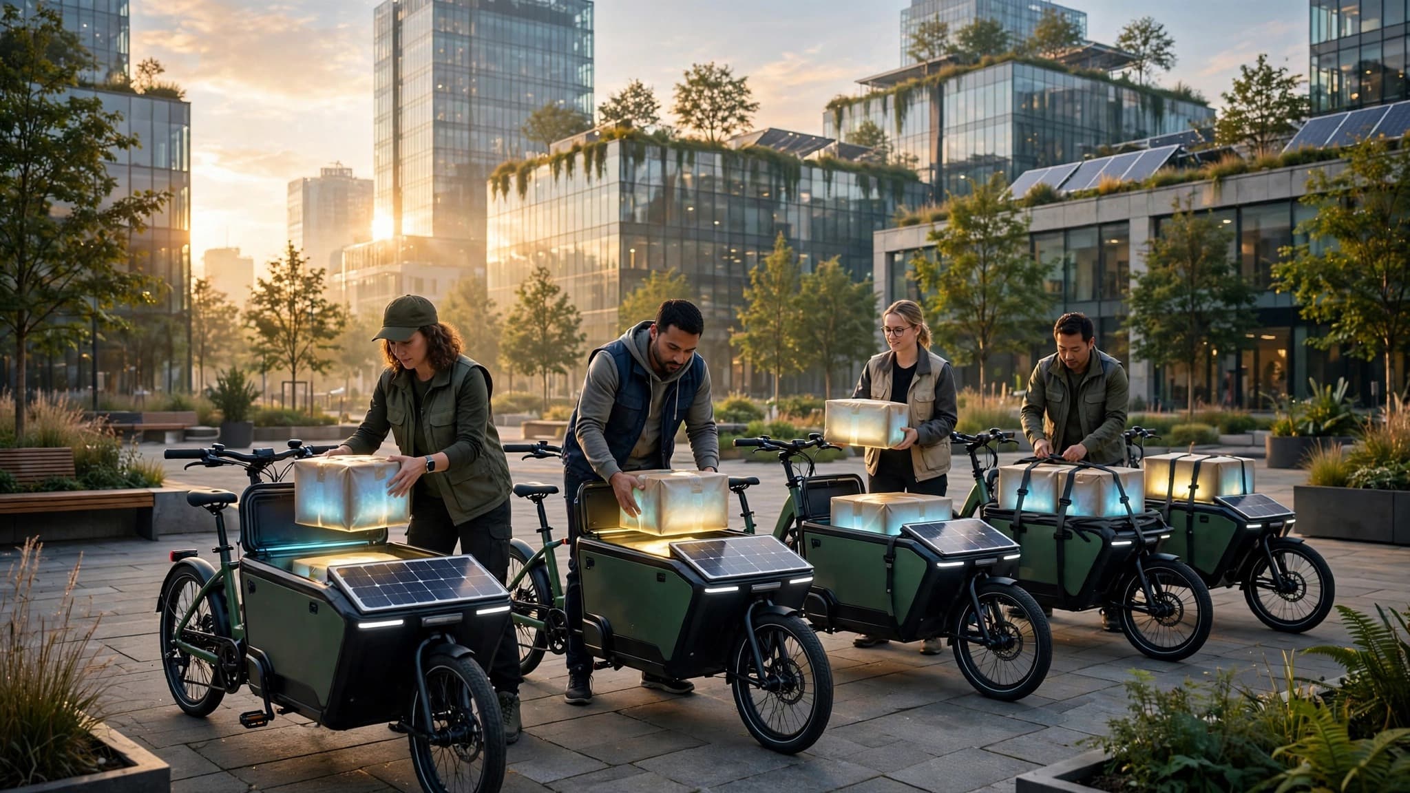 Solar-Powered Cargo Bike Delivery Fleet Loading at Dawn — Business Visual — free ai image preview
