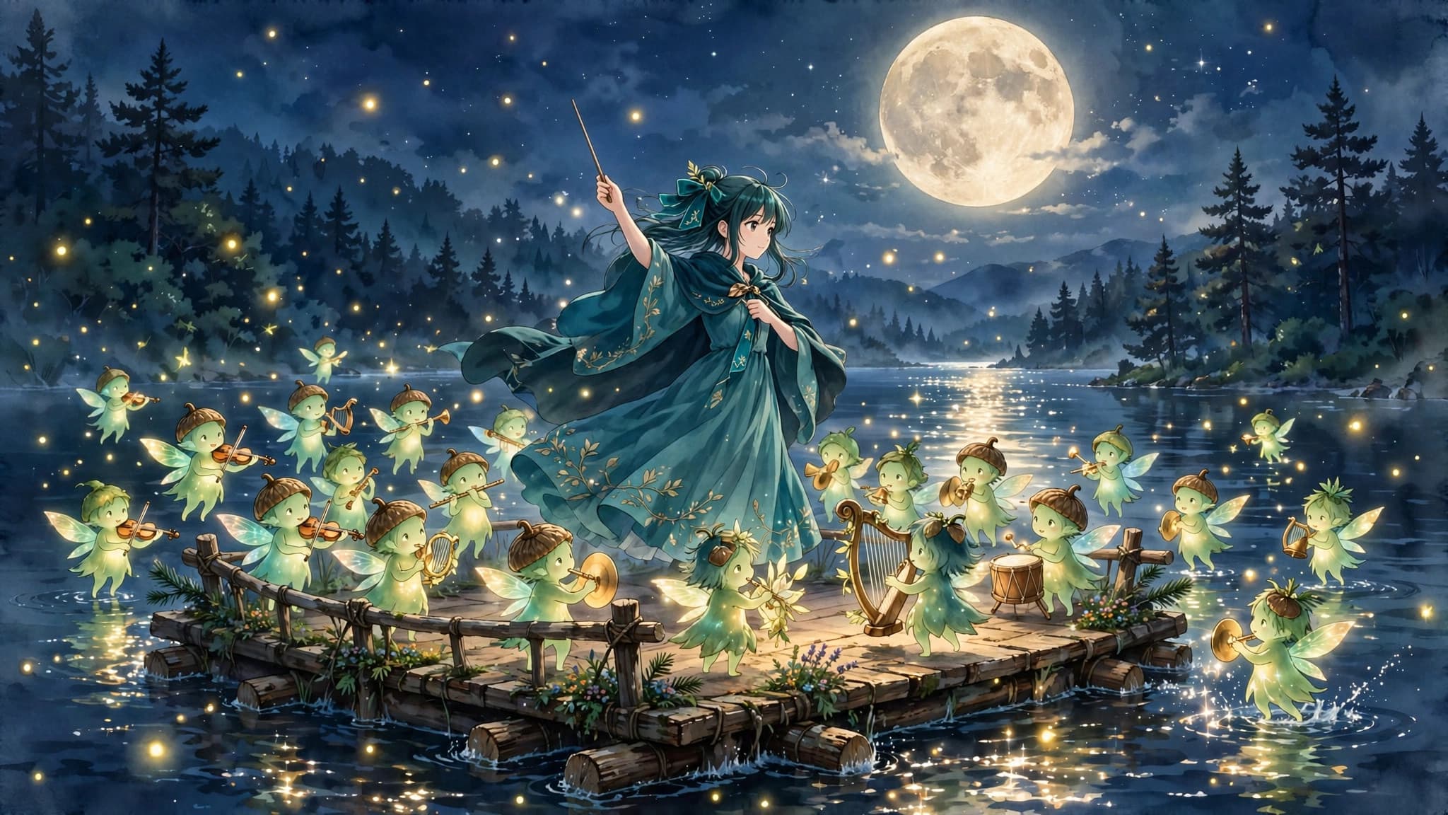 Anime Girl Conducting a Forest Spirit Orchestra on a Moonlit Lake — Free AI Image — free ai image preview