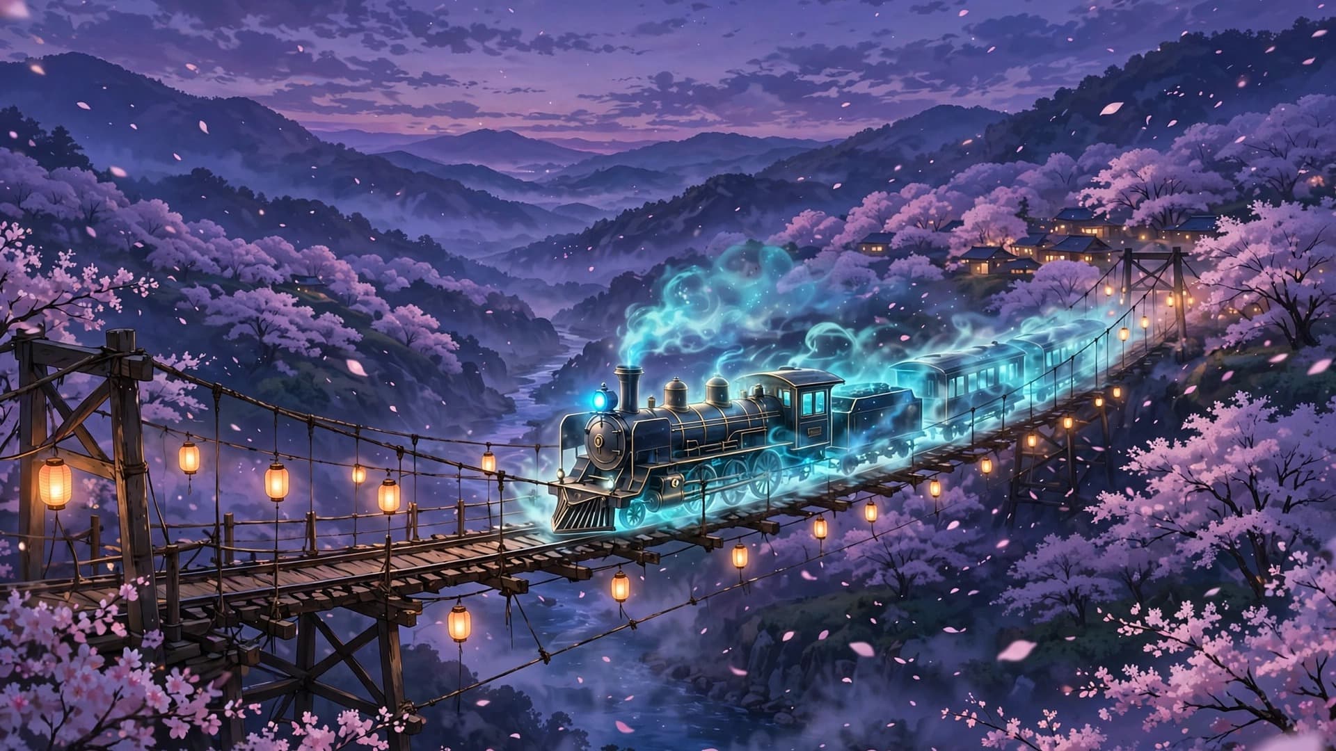Spirit Train Crossing a Cherry Blossom Valley at Dusk — free ai image preview