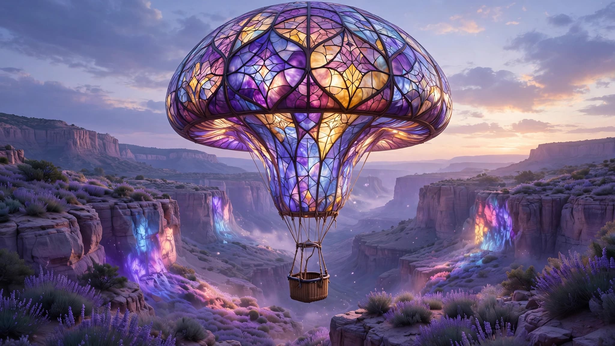 Stained-Glass Mushroom Balloon Drifting Over a Lavender Canyon — Free AI Image — free ai image preview