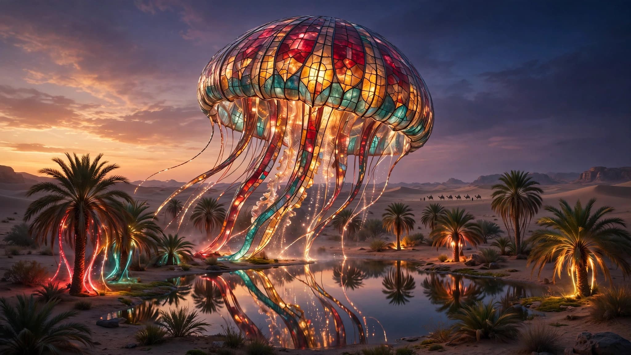 Giant Stained-Glass Jellyfish Drifting Over a Desert Oasis at Dusk — Free AI Image — free ai image preview