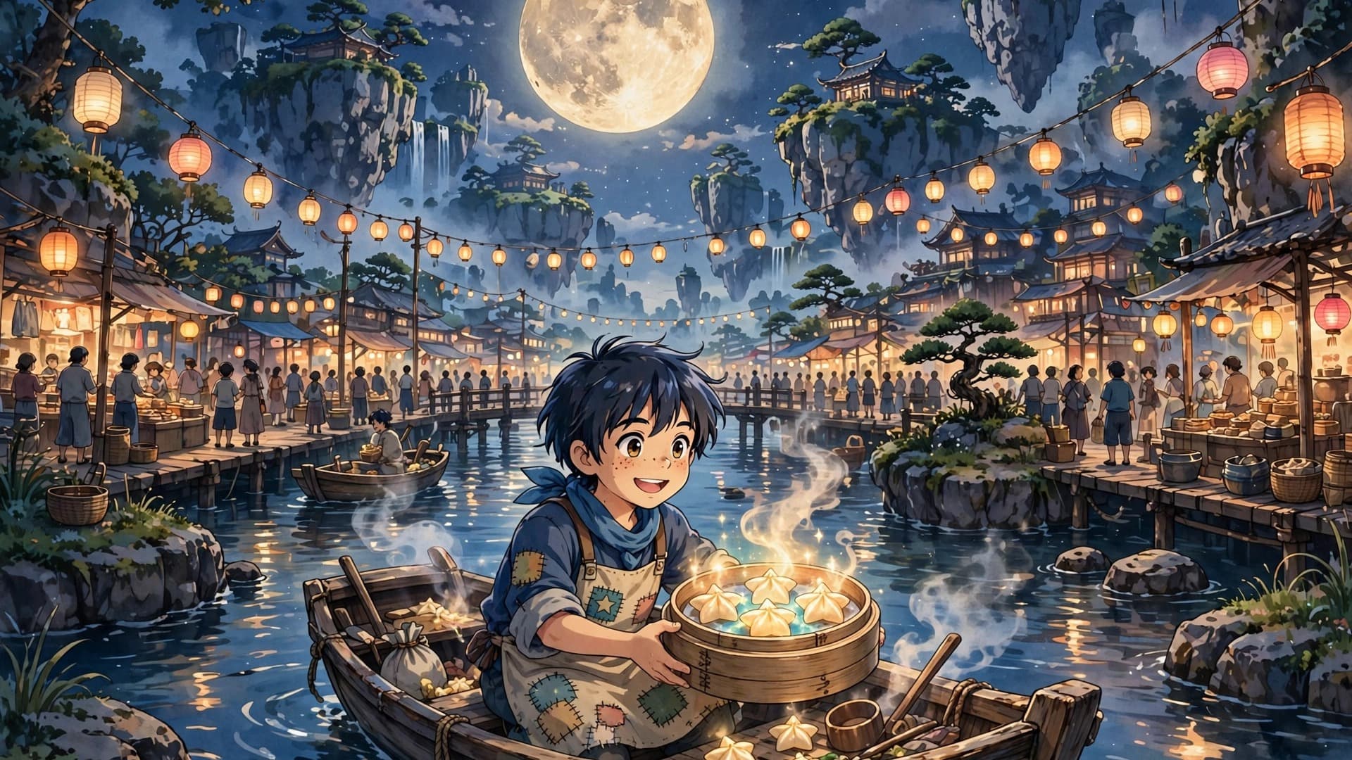 Anime Boy Selling Glowing Star Dumplings on a Floating Night Market Boat — Free AI Image — free ai image preview