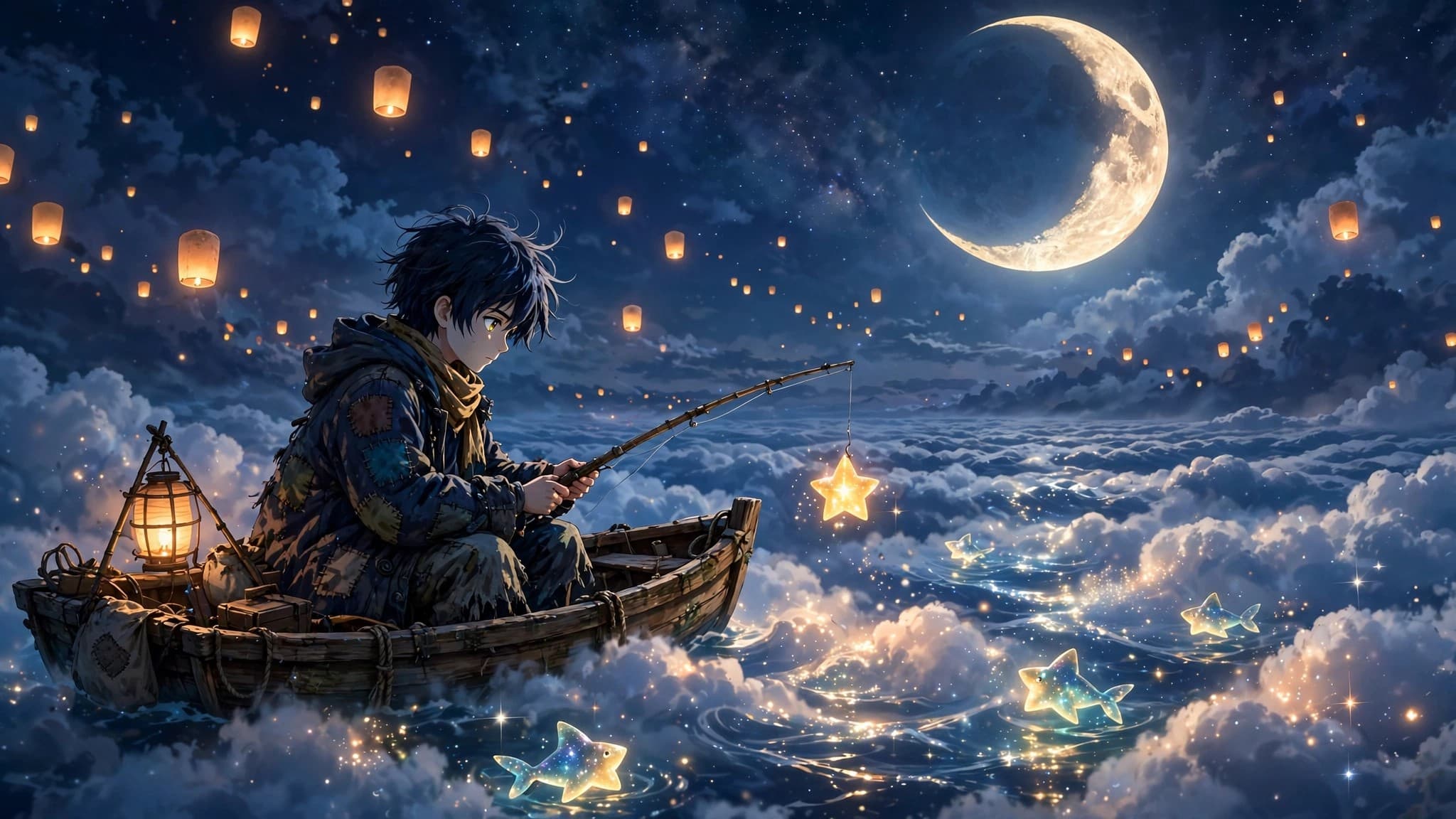 Star Fishing on a Sea of Clouds — Original Anime Night Scene — free ai image preview