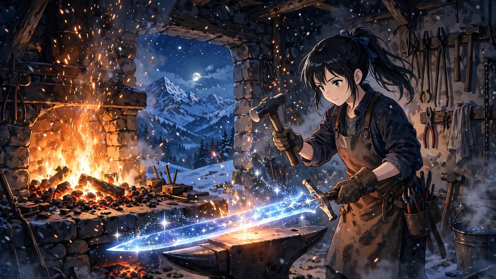 Anime Blacksmith Forging a Starlight Sword — Free Anime Image — free ai image preview
