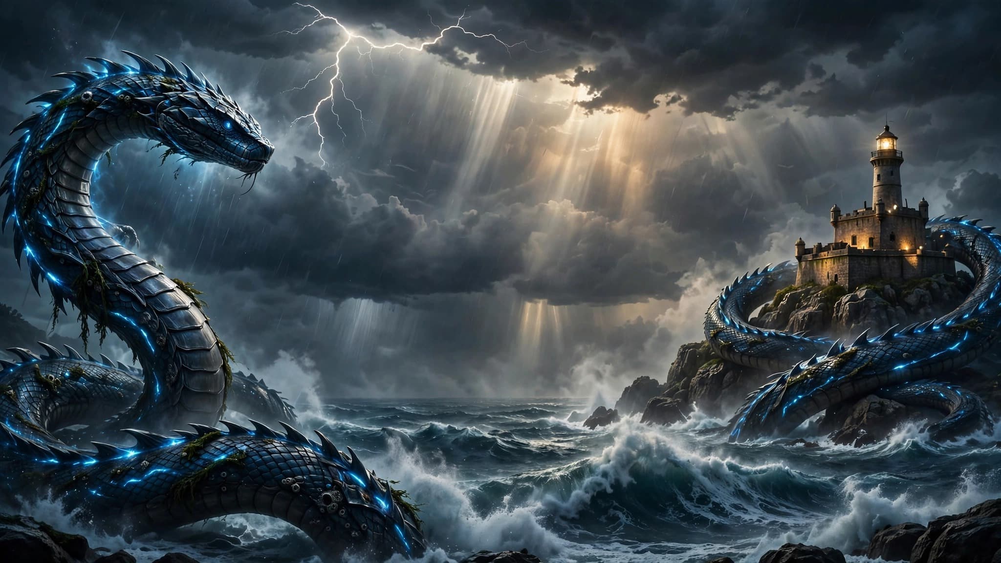 Armoured Storm Sea Serpent Coiling Around a Lighthouse Fortress — YouTube Background — free ai image preview