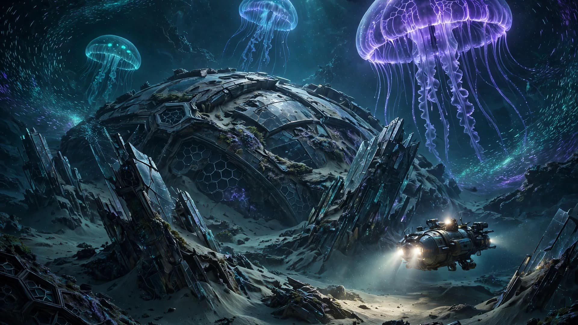 Sunken Alien Megastructure — Sci-Fi Underwater City — free ai image preview