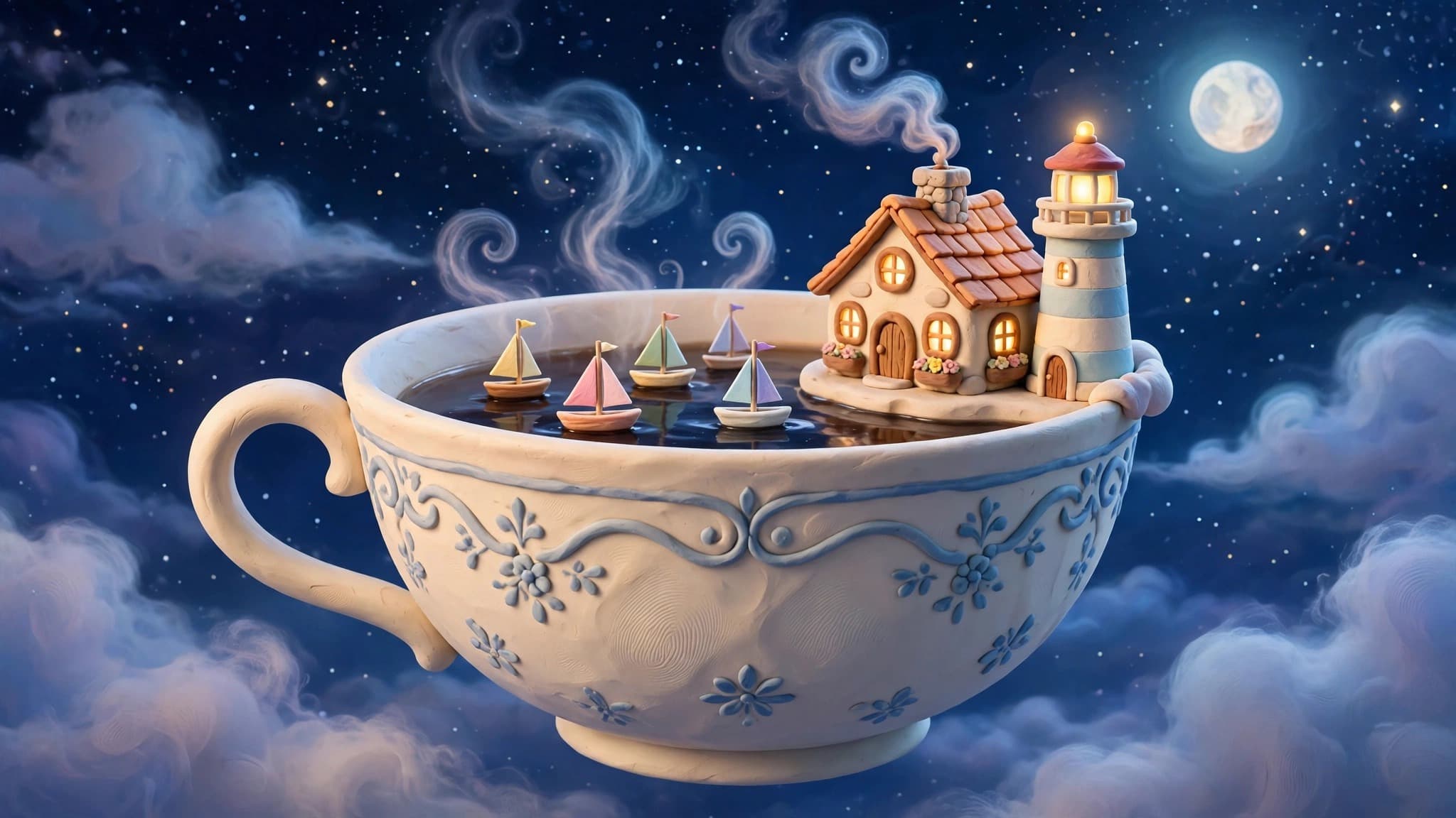 Teacup Lighthouse Cottage — Cozy Clay 3D Floating Teacup World — free ai image preview
