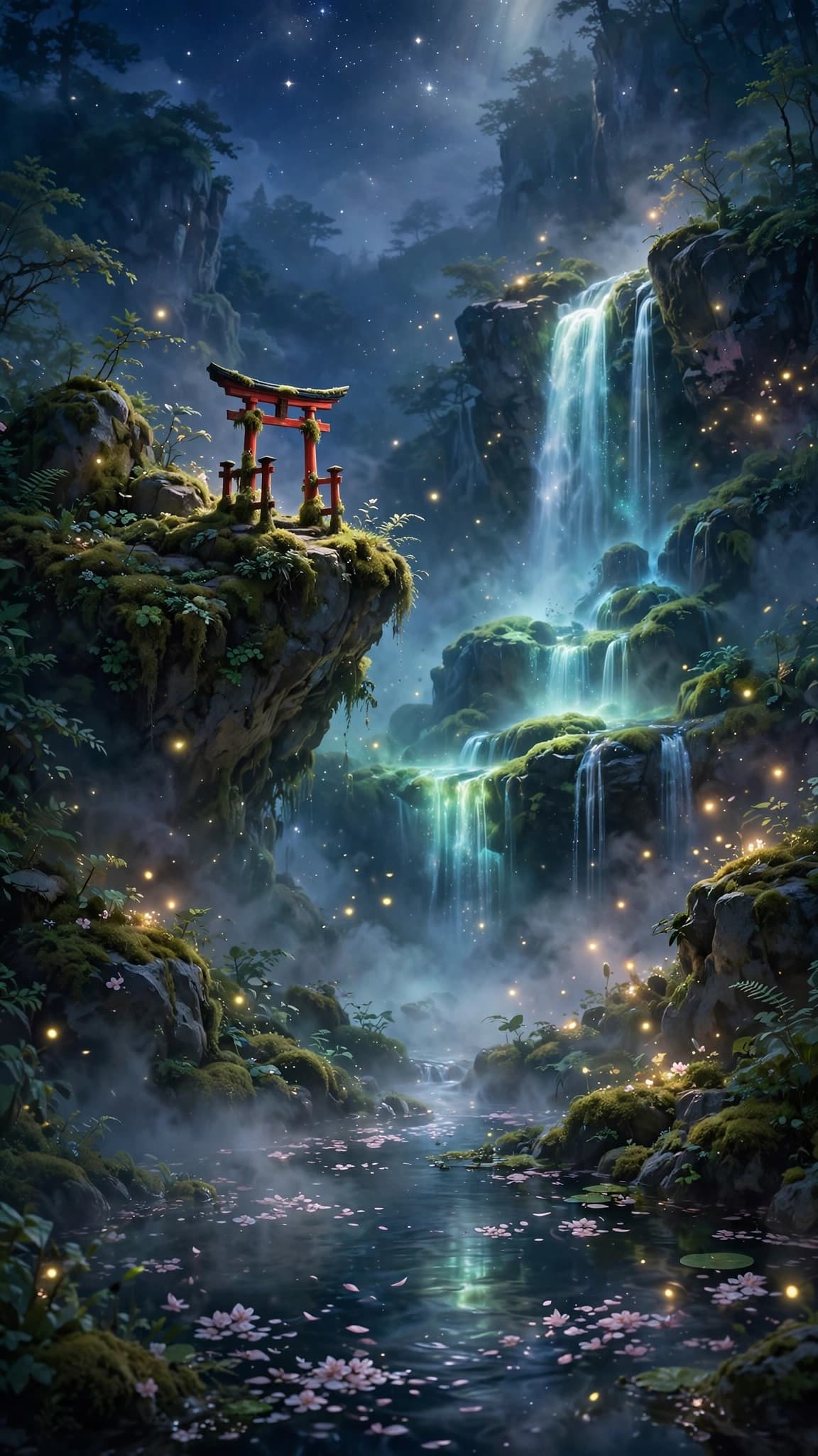 Torii Gate Waterfall at Night — Moonlit Phone Wallpaper — free wallpaper preview