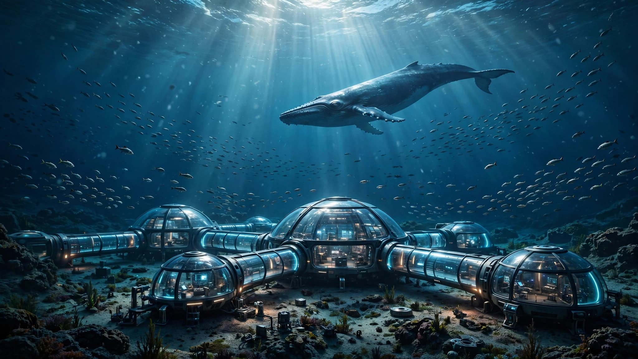 Underwater Sci-Fi Research Station and Whale — free ai image preview