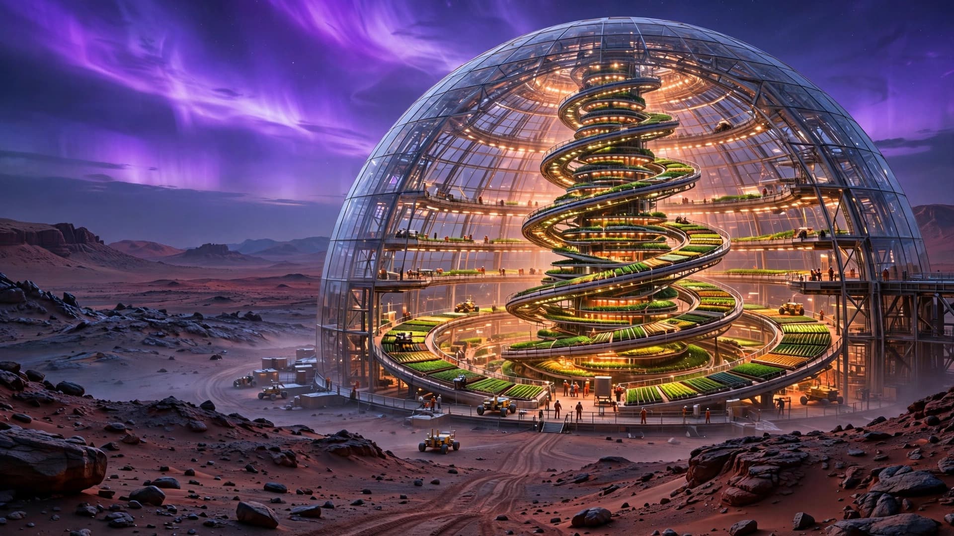 Vertical Farming City Inside a Giant Glass Dome on Mars — Free Sci-Fi Image — free ai image preview
