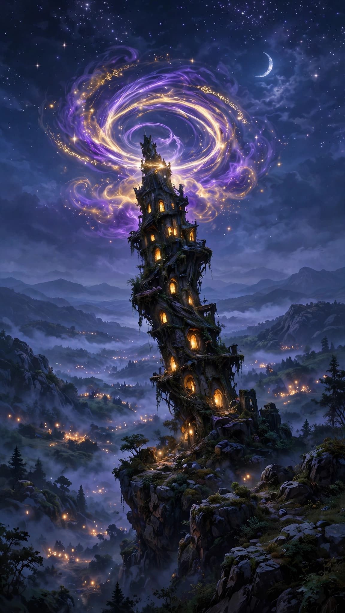 Wizard Tower Portal at Night — Fantasy Phone Wallpaper — free wallpaper preview