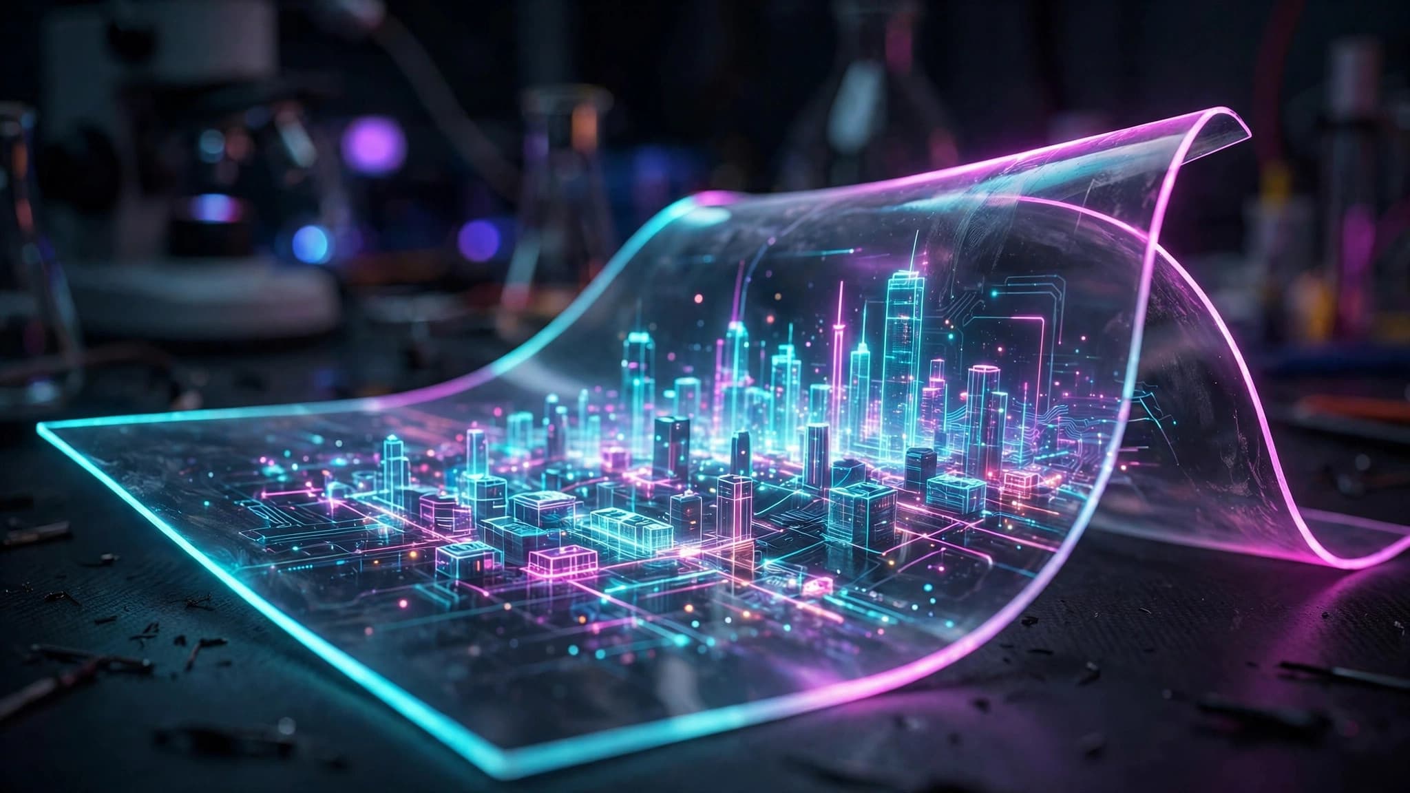 Flexible Transparent OLED Screen Showing a Holographic City — free ai image preview