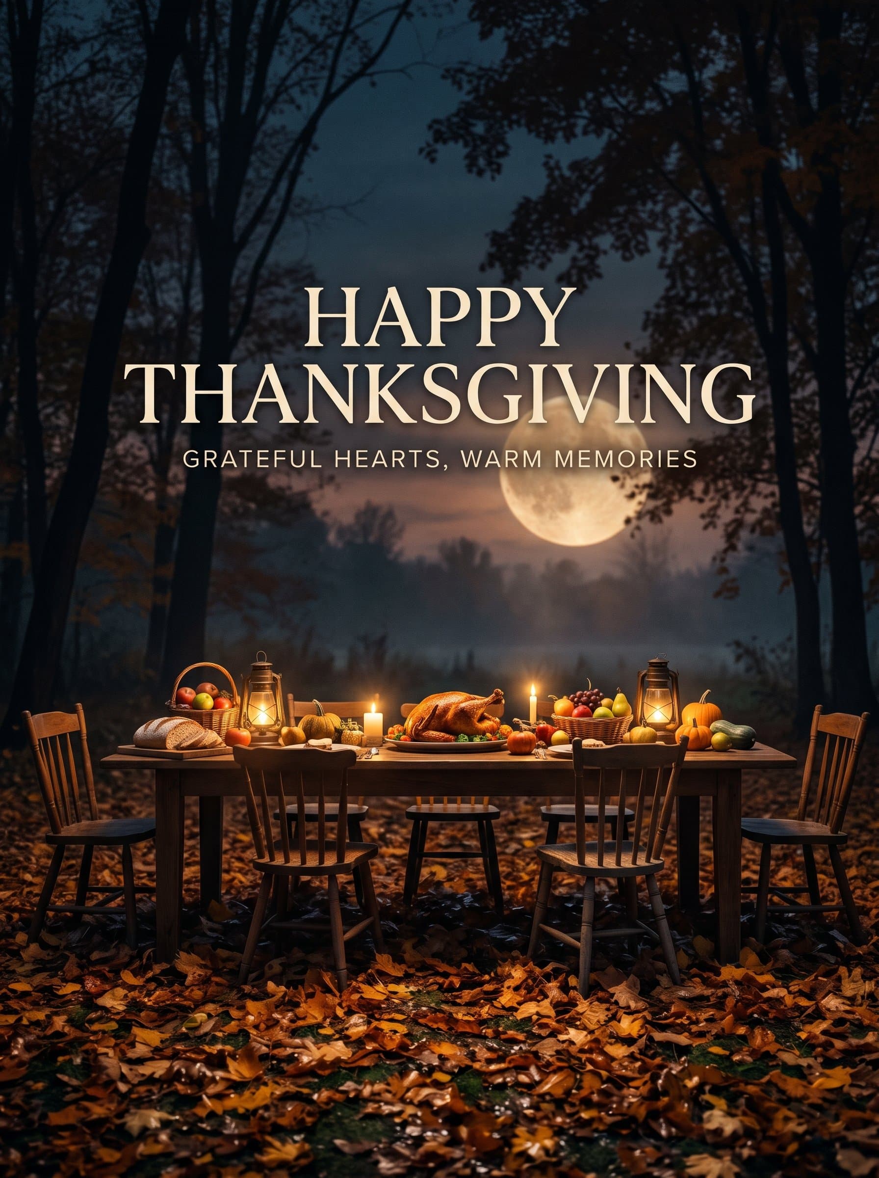 Thanksgiving Moonlit Dinner Poster — Grateful Hearts, Warm Memories