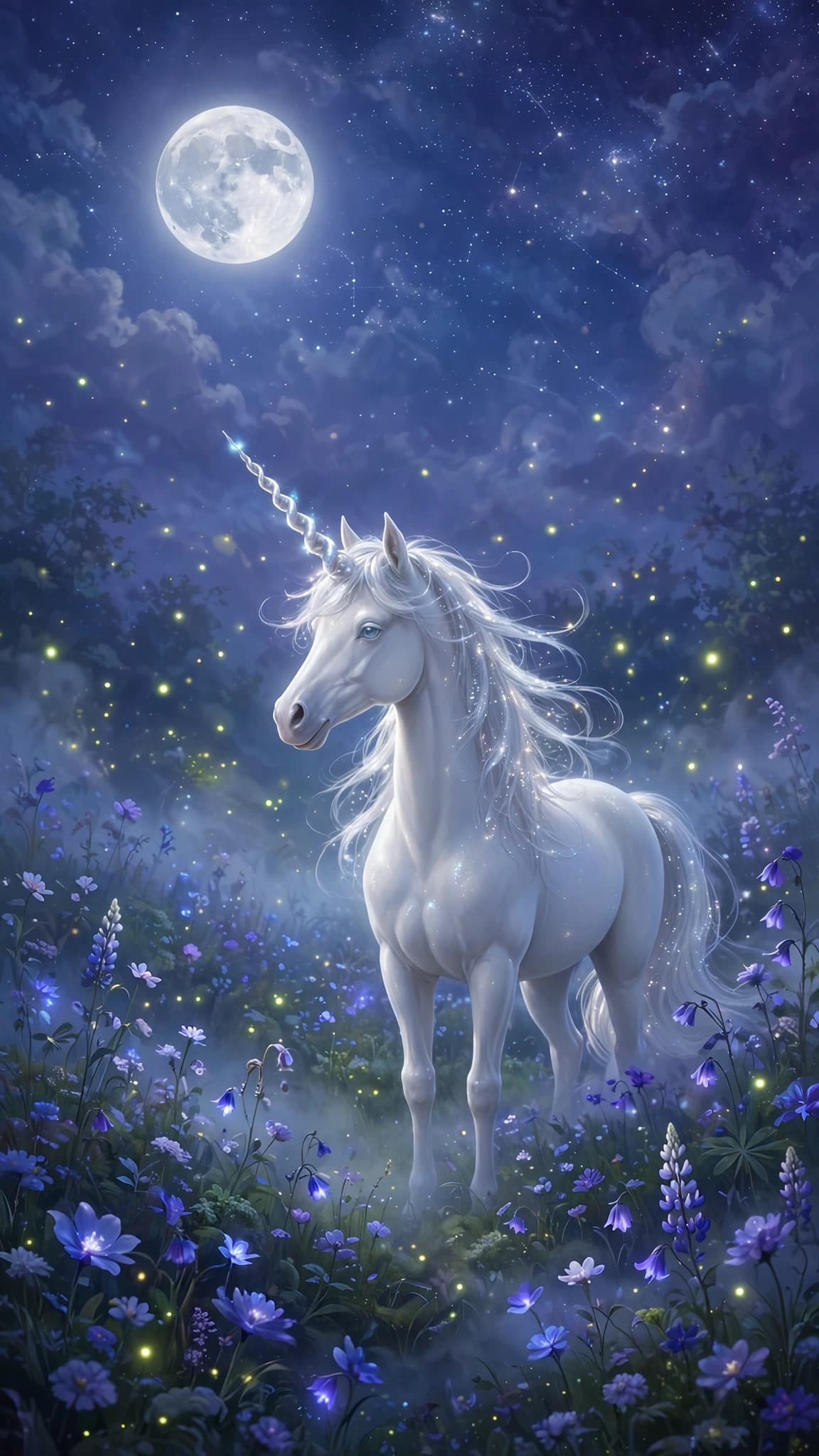 White Unicorn in a Moonlit Wildflower Meadow — Fantasy Phone Wallpaper — free wallpaper preview