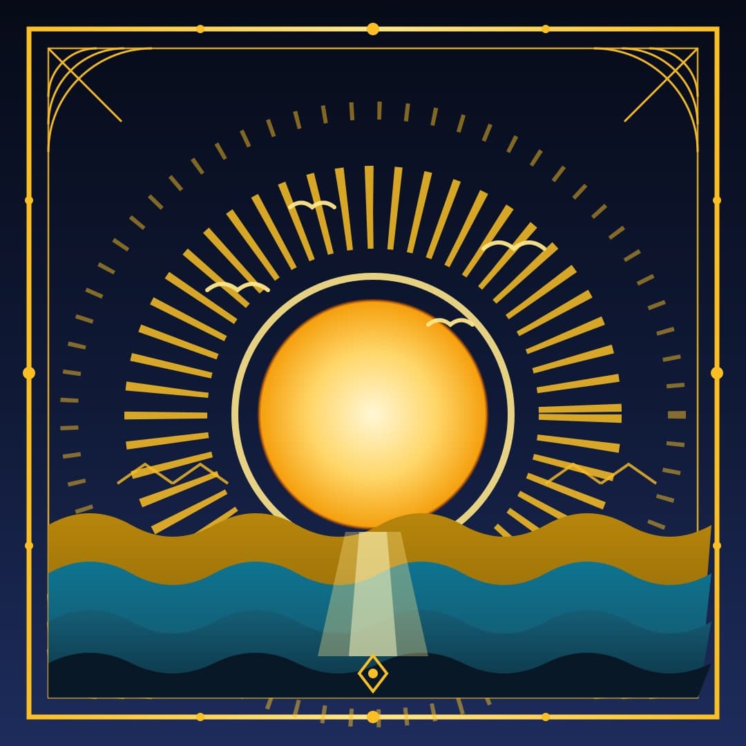 Art-Deco Sunburst Over the Sea — Golden Vector Poster