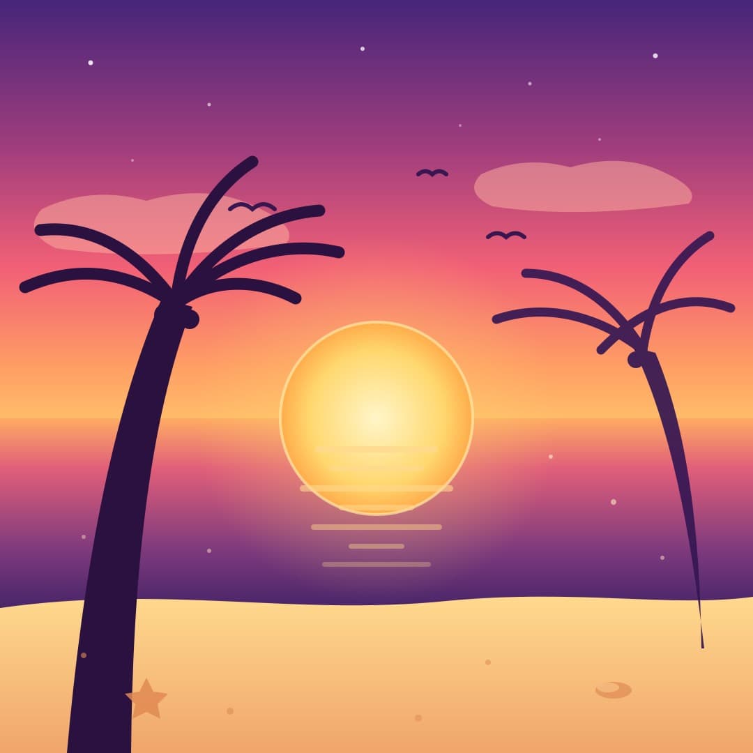 Tropical Sunset Beach — Palm Silhouette Vector Illustration