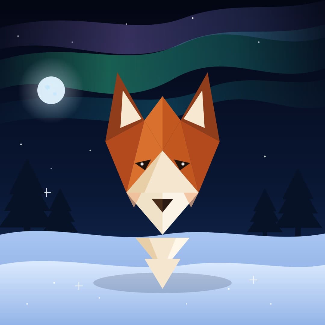 Low-Poly Fox Under Aurora — Geometric Animal Vector