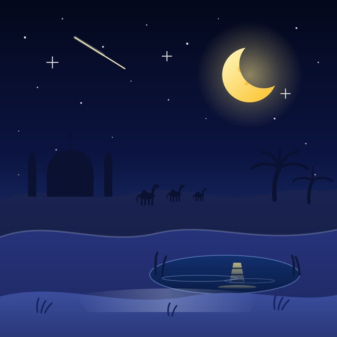 Moonlit Desert Oasis — Crescent Moon Vector Illustration