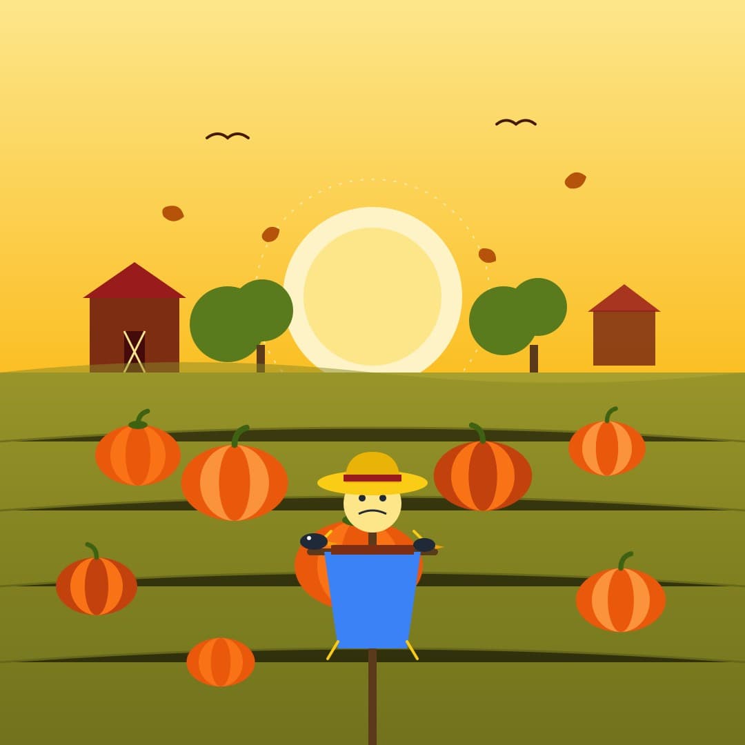 Autumn Pumpkin Harvest — Scarecrow Patch at Golden Dusk — free vector preview