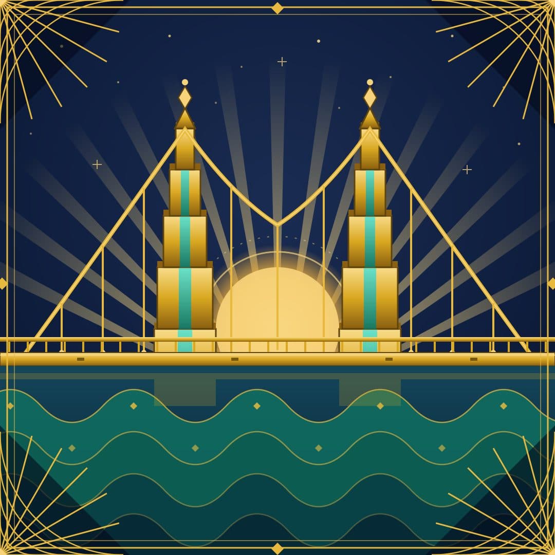 Deco Bridge Fan — Art-Deco Suspension Bridge Vector — free vector preview