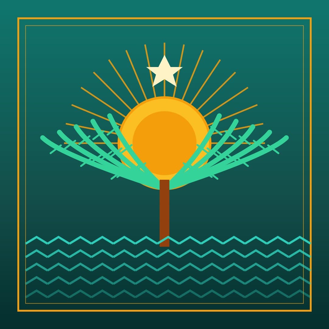 Art-Deco Palm Fan Sunrise — Gold Chevron Sea Vector — free vector preview