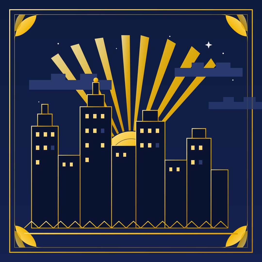 Art-Deco Skyscraper Skyline — Golden Sunburst City Vector — free vector preview