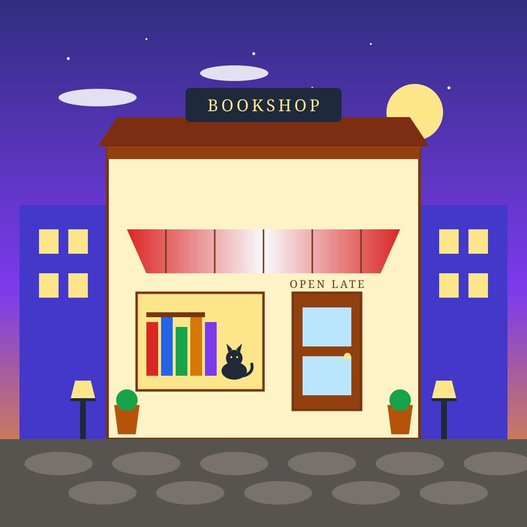 Flat Bookshop at Dusk — Cozy Storefront Vector — free vector preview