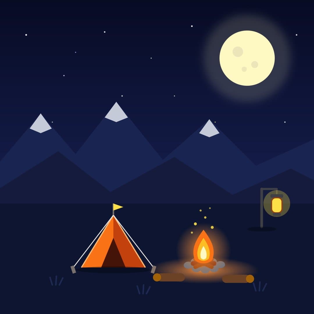 Flat Campsite Night — Cozy Camping Vector Illustration
