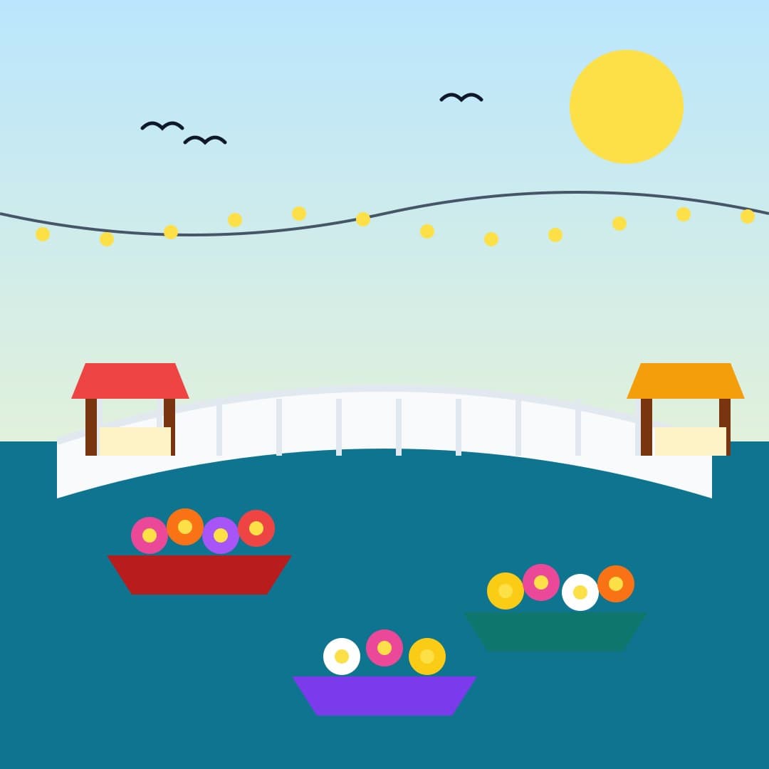 Flat Flower Boat Market on a Canal — Floating Market Vector — free vector preview