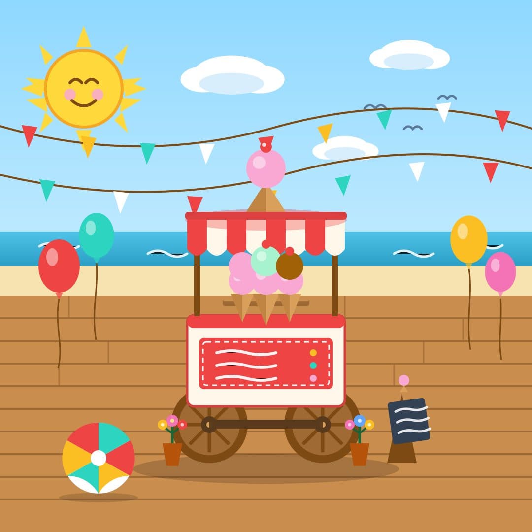 Ice Cream Cart Summer — Flat Boardwalk Vector Illustration — free vector preview