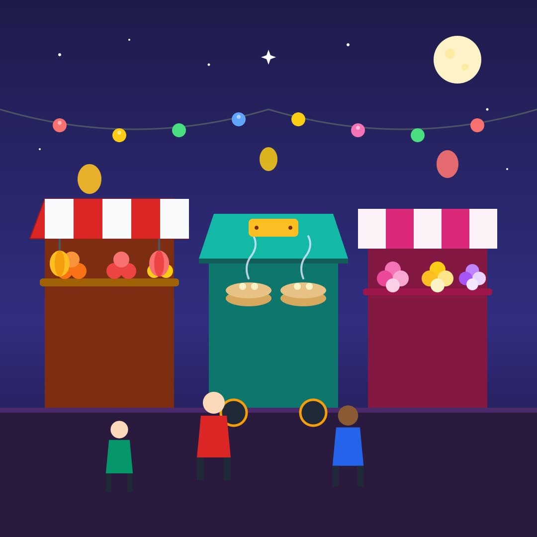 Flat Night Market — Lantern Stalls & Street Food Vector — free vector preview