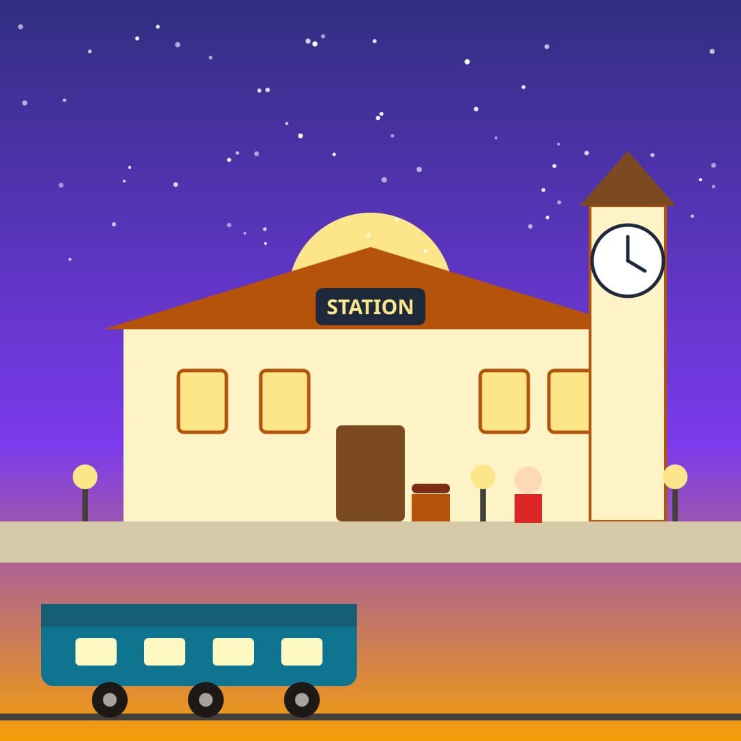 Flat Railway Station at Dusk — Travel Vector — free vector preview