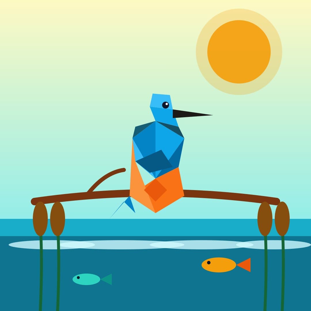 Low-Poly Kingfisher on a Reed Branch — Faceted Bird Vector — free vector preview