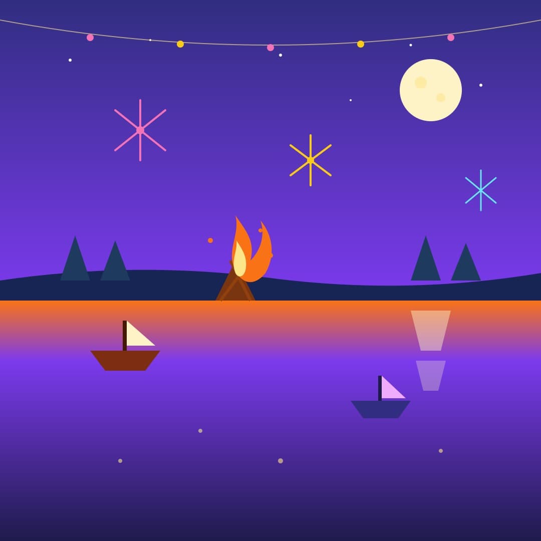 Midsummer Bonfire Lake — Lakeside Bonfire & Fireworks Vector