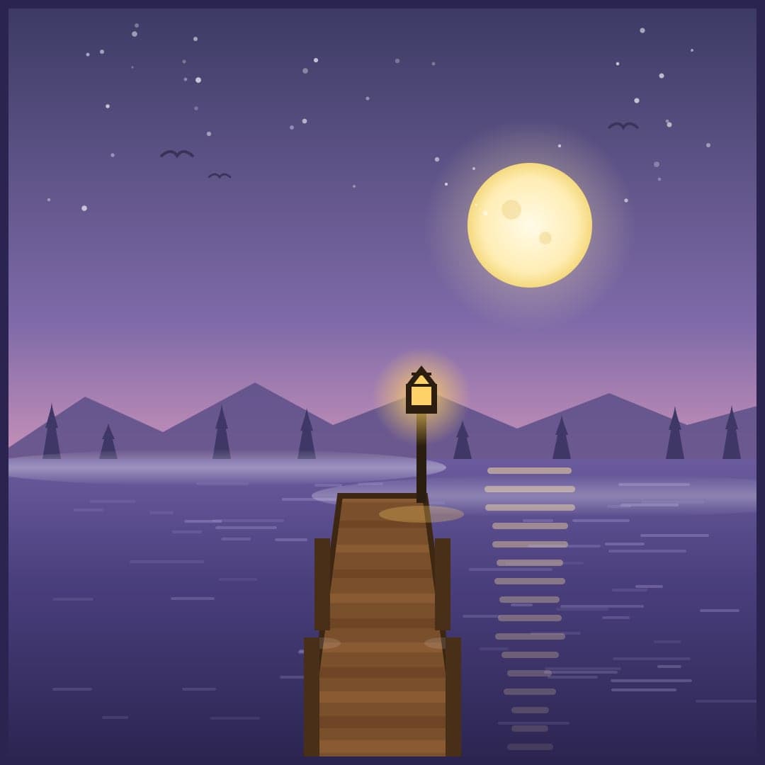 Misty Lakeside Pier — Minimal Moonlit Night Vector — free vector preview