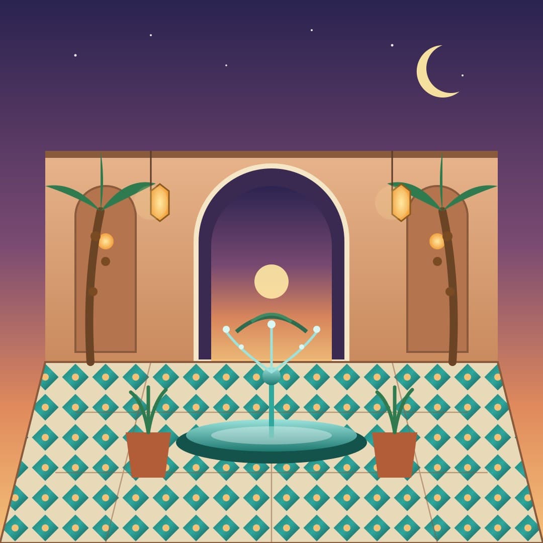 Riad Courtyard at Dusk — Moroccan Courtyard Vector — free vector preview