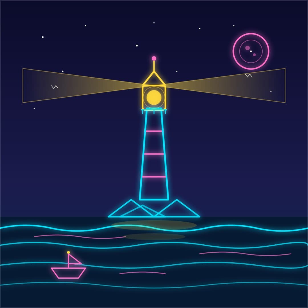 Neon Lighthouse Over Glowing Waves — Line-Art Vector — free vector preview