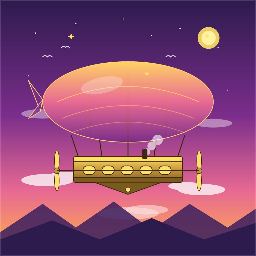 Steampunk Airship at Dusk — Brass Balloon Voyage Vector — free vector preview