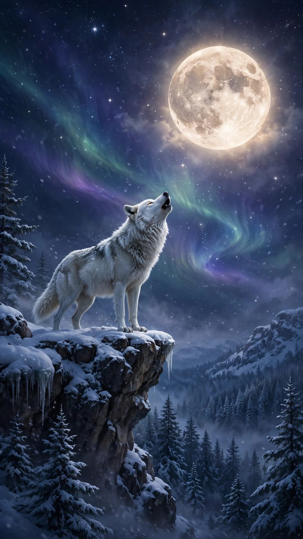 White Wolf Howling at the Full Moon — Winter Night Phone Wallpaper — free wallpaper preview