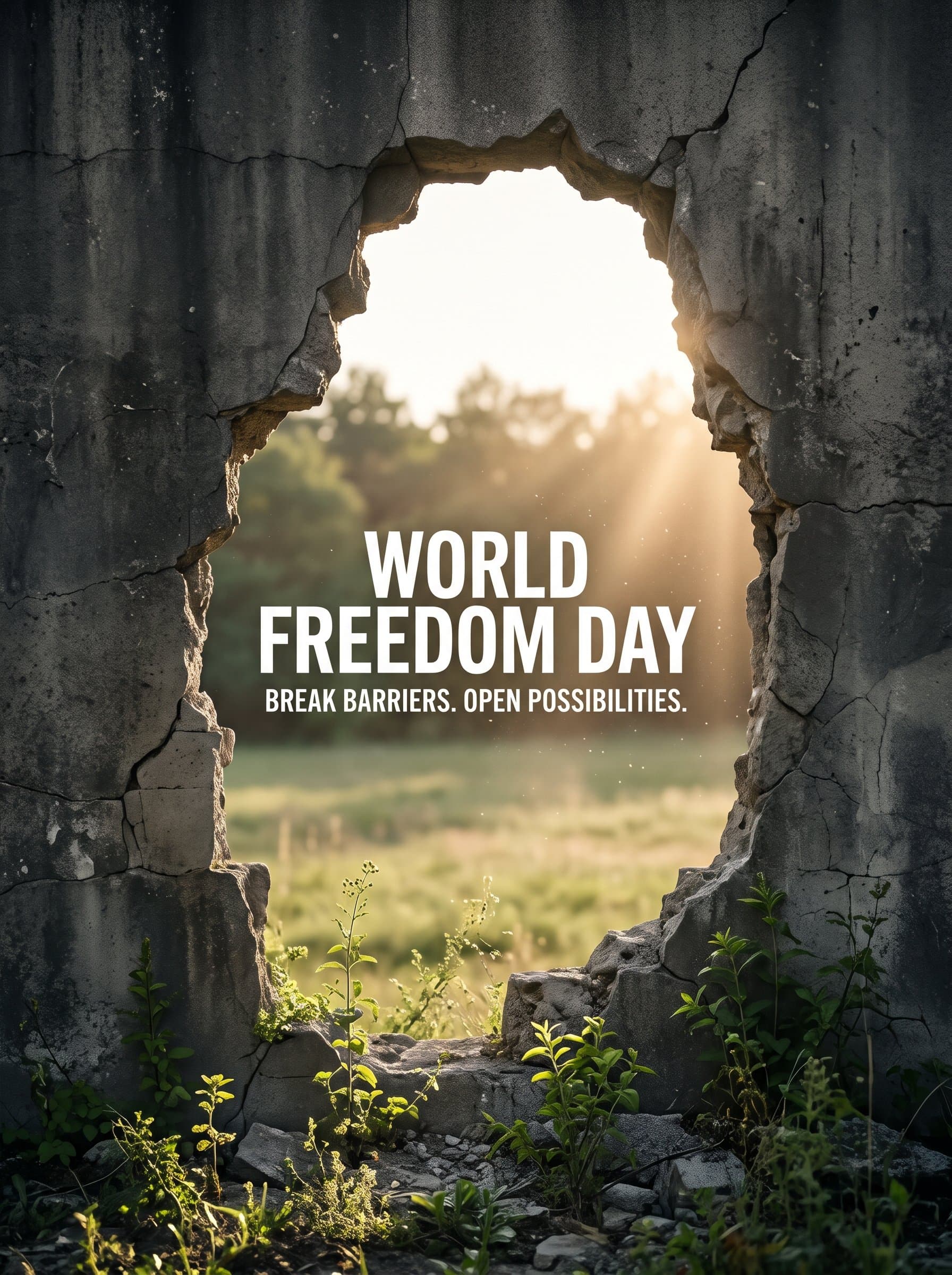 World Freedom Day Broken Wall Poster — Break Barriers, Open Possibilities