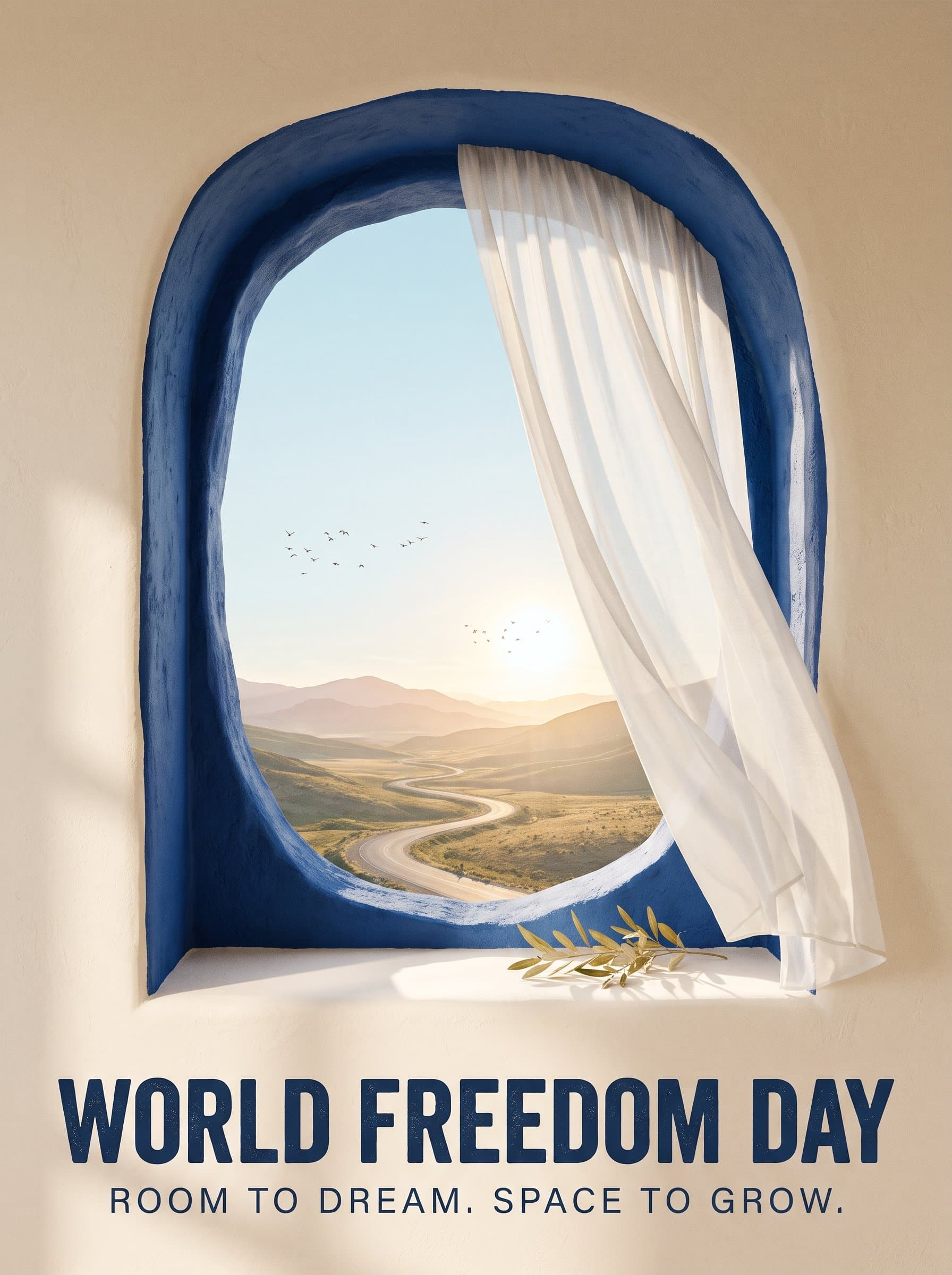World Freedom Day Blue Window Poster — Room to Dream, Space to Grow