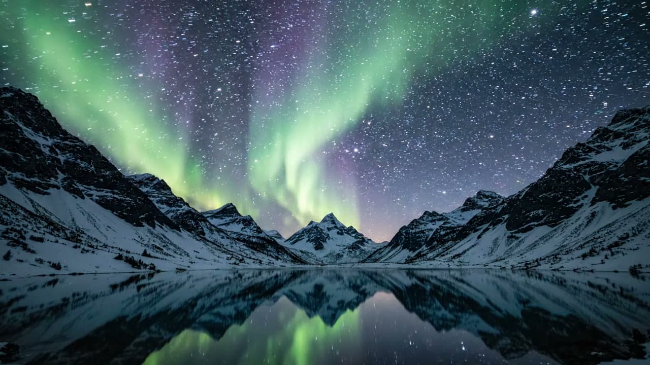 Aurora Borealis Ribbons Over a Still Mountain Lake