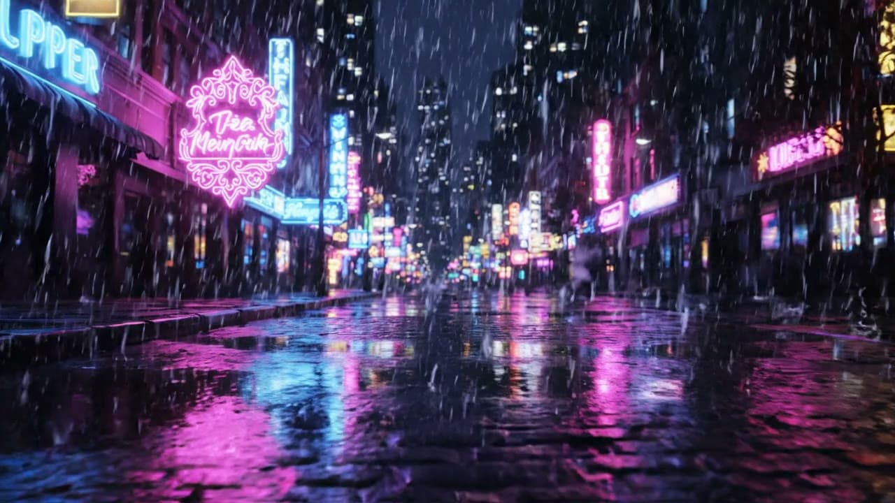 Rainy Neon City Street at Night