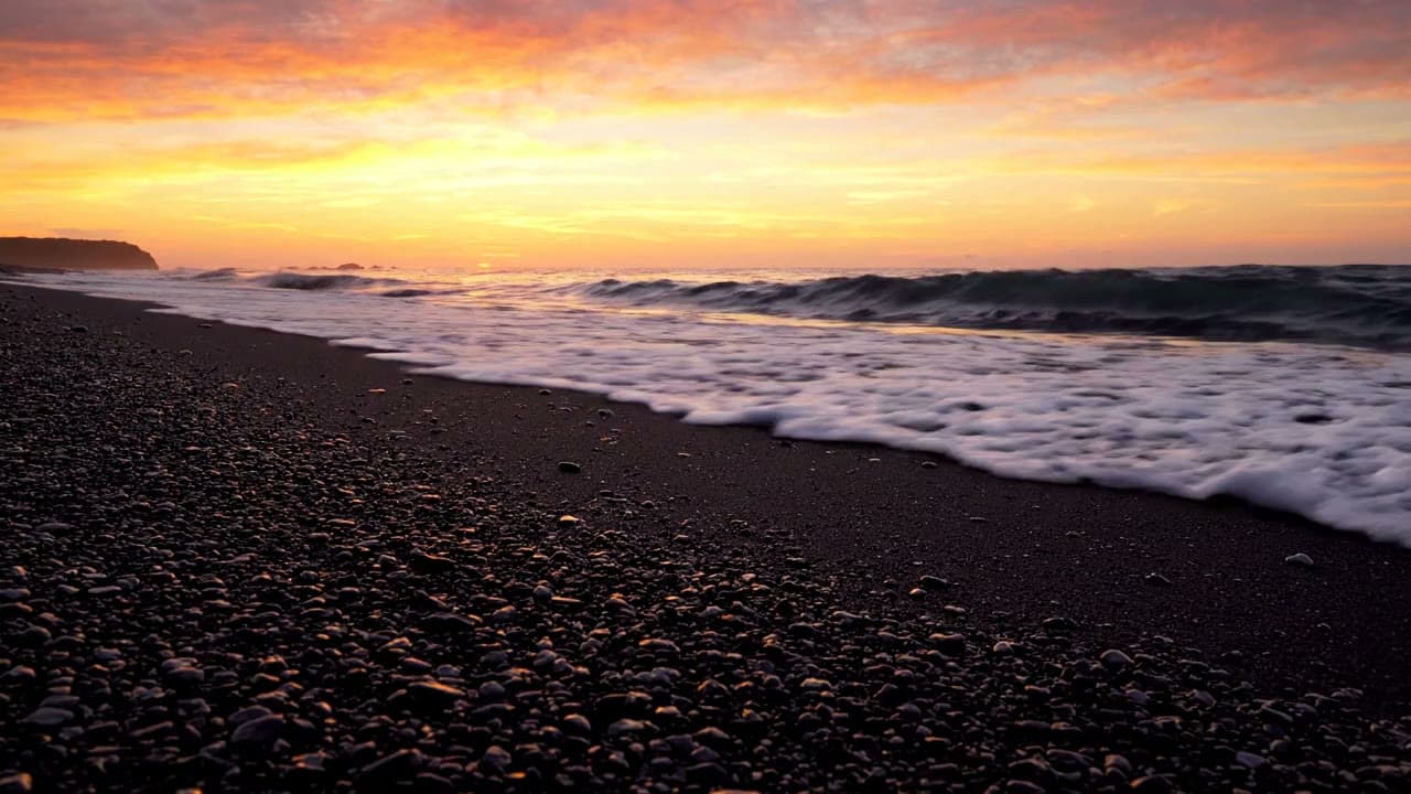 Sunset Waves on a Black Sand Beach — Free AI Stock Video