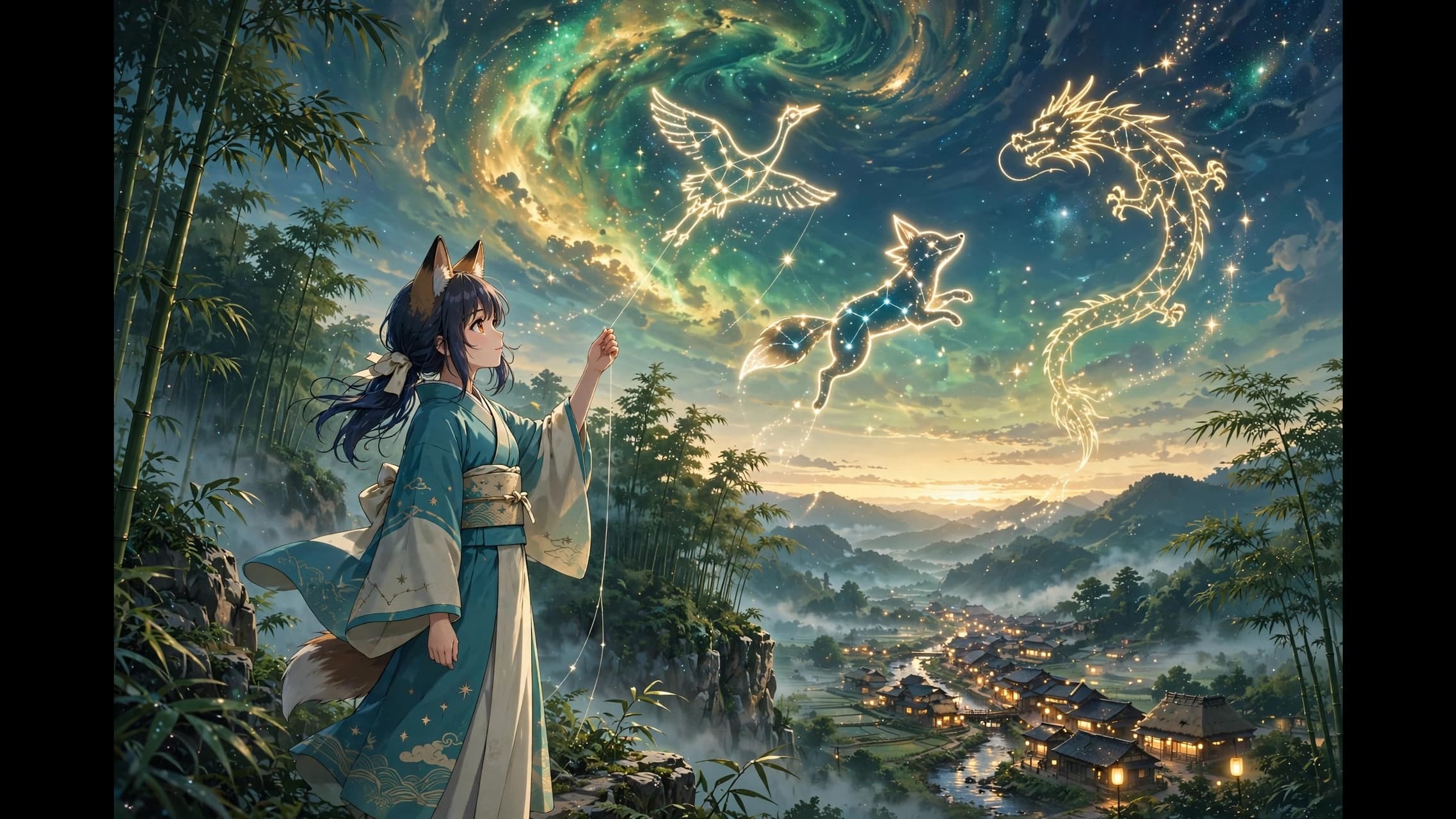 Fox-Eared Anime Girl Flying Constellation Kites at Dawn — free ai image preview